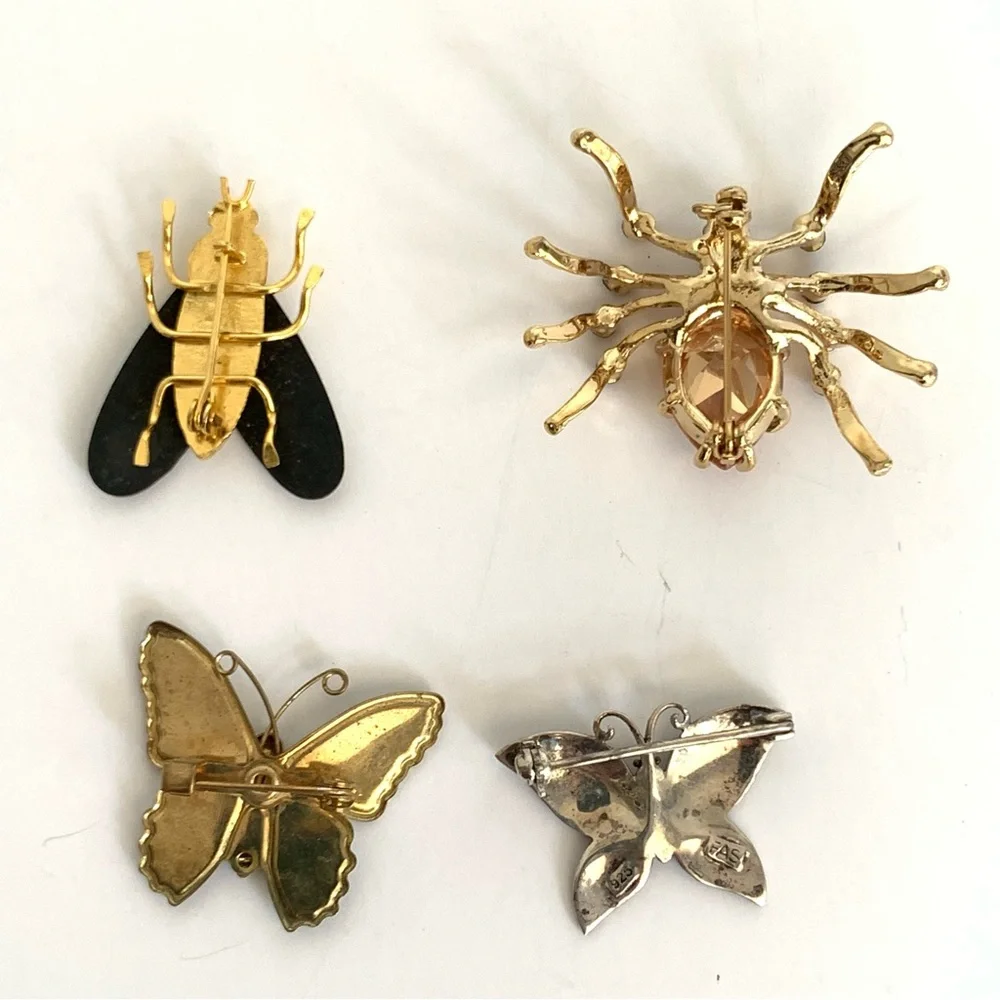VTG Butterfly Bug Insect Pin Brooches Bundle of  4 Silver Damascene Rhinestone - Picture 11 of 11